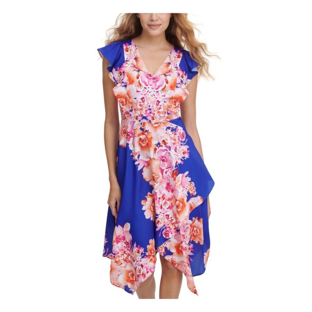 KENSIE DRESSES Womens Blue Asymmetrical-hem Flutter Sleeve Midi Dress 10